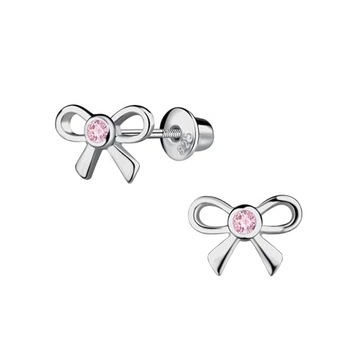 Cherished Moments Children's Sterling Silver Pink Bow Screw Back Earrings for Babies, Little Girls, Kids and Toddlers