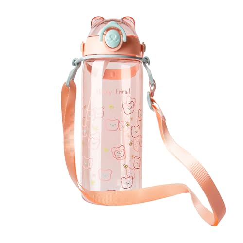 水筒 子供用 かわいい子供用コップ クマのパターン 600ml シリカゲルストロー付き プラスチック ポータブル 超軽量 カップ おしゃれ 学生 幼稚園 耐冷耐熱 コップ 男女兼用 ストラップ付属 携帯便利 (ピンク)
