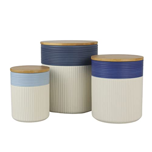 Image of 10 Strawberry Street Luca Ombre Embossed Ceramic Kitchen Canister Set, Set of 3, Matte Blue /White, Bamboo Lids