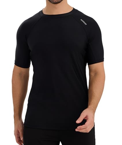 SURFEASY Men's Rash Vest Swim Shirts, Sun Protection Short Sleeve Quick Drying Rash Guard Base Layer Snorkeling Swimming Surfing Tops (Black,XL)