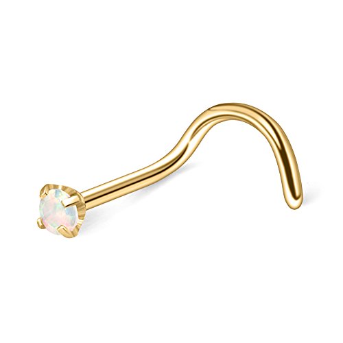 Ruifan 1PC 20G Gold Plated 316L Surgical Steel 2mm White Opal Nose Rings Studs Twist Screw Bend Ring Body Piercing Jewelry