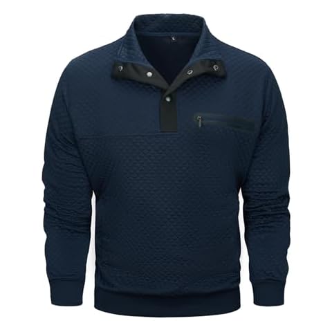 MANLUODANNI Men's Casual Sweatshirt Long Sleeve Waffle Stand Collar Button Quilted Pullover Sweatshirts with Pocket, Navy-XL Cover