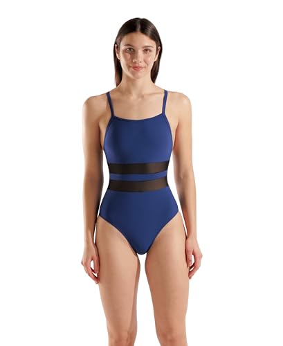 ARENA Feel Women's Mesh Equals Back Swimsuit Sexy Pool Beach Lake Ladies Fitness Bathing Suit Comfortable One Piece Swimwear, Navy Blue, Size 30