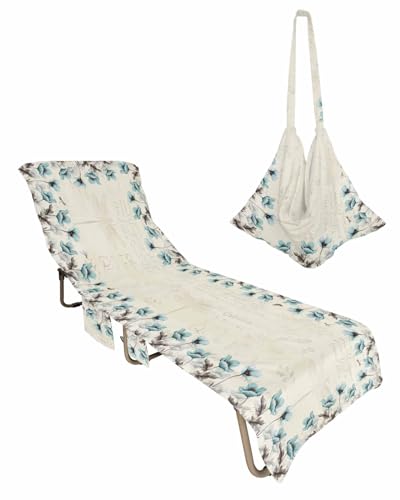 Teal Tulip Floral Beach Chair Towel Covers for Chaise Lounge with Side Pocket, Soft Plush Pool Towels Cover for Patio Sunbathing Outdoor 29''x85'' Rustic Vintage Flower Aesthetic Leaves