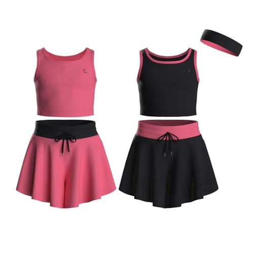 Essenclo Flowy Girls Butterfly Shorts Skirts w/Pockets & Athletic Sleeveless Tank Tops, Dance Tennis Cheer Running (5pc Set) - E2106 - Set-4-9-10