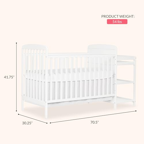 Image of Dream On Me Anna 3-in-1 Convertible Full-Size Baby Crib & Changer with Storage in White, GreenGuard Gold & BSA, Pinewood, Converts to Day & Toddler Bed, 3 Mattress Heights, 1″ Changing Pad
