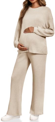 Yousify Womens Maternity Pajamas Sets 2 Piece Outfits Ribbed Knit Long Sleeve Tops Pants Loungewear Mama Clothes Apricot