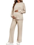 Yousify Womens Maternity Pajamas Sets 2 Piece Outfits Ribbed Knit Long Sleeve Tops Pants Loungewear Mama Clothes Apricot