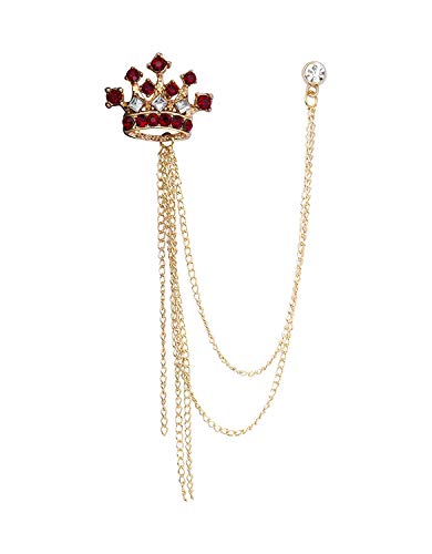 an KINGPiiN Lapel Pin for Men Crowned Stone with Hanging Chain Brooch Costume Pin Suit Stud, Shirt Studs Men's Accessories Collar Pin (Gold Maroon)