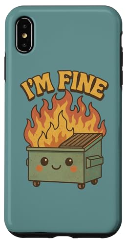 I'm Fine Dumpster Fire アートワーク かわいいごみ箱 ファイヤーアート スマホケース iPhone XS Max 用