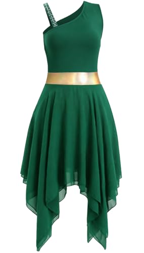ORIDOOR Women Praise Dance Corset Dress with one Shoulder Irregularly Stacked Hem, Worship Dance Lyrical Dance Costume 008-Dark Green Small