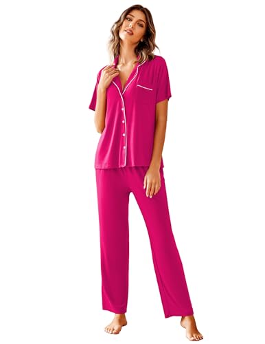 Image of Avidlove Women Pajamas Set Notch Collar Soft Sleepwear Pjs Short Sleeve Button Down Nightwear with Long Pants