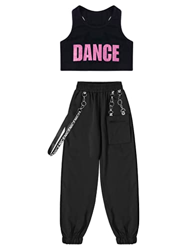 Image of FEESHOW Kids Girls Sports Crop Top with Elastic Waistband Trousers Cargo Pants for Gymnastic Dance Workout Outfit