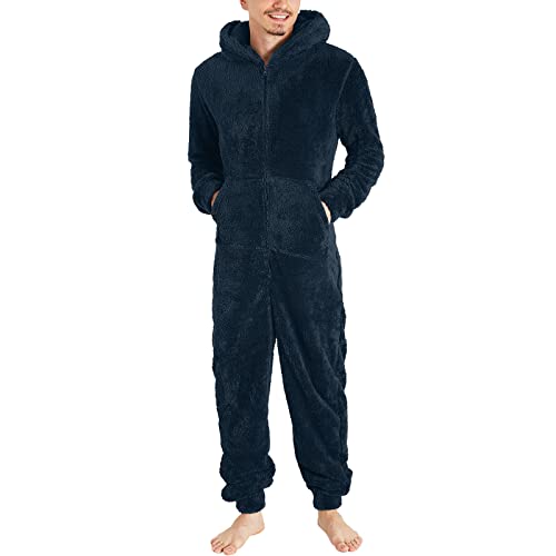 Pijama con Capucha Hombre Mono Pijama de Forro Polar Franela Invierno Pijama Hombre Cremallera Ropa de Dormir Original Espesa Pijamas Entero de Una Pieza Color Sólido Talla Grande Caliente