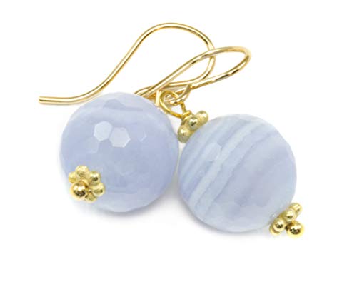 14k Yellow Gold Blue Lace Agate Earrings Faceted Round Drops Dangle Banded Goldtone Accents Everyday Spyglass Designs