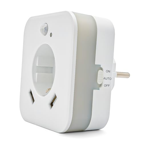 LED-Nachtlicht mit Bewegungsmelder und Steckdose, 2x USB 2.4A, weiß, automatischer Lichtsensor, GS (geprüfte Sicherheit) (1 Stück)