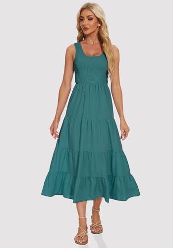Image of Women's Summer Smocked Maxi Dresses Sleeveless U Neck Ruffle Hem Tiered A Line Flowy Dress