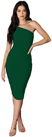 GEMEIQ Women’s Ruched One Shoulder Bodycon Midi Dress Sexy Sleeveless Cocktail Party Pencil Dresses Green S