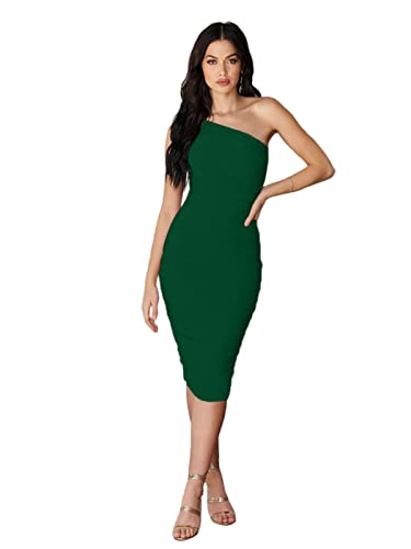 Gemeiq Women’s Ruched One Shoulder Bodycon Midi Dress Sexy Sleeveless Cocktail Party Pencil Dresses Green S #TOP1
