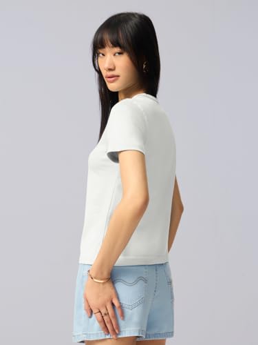 Image of The Souled Store Casual Classics: Women and Girls Short Sleeves Spread Collar Solid Cotton Regular Fit Breathable Lightweight Trendy Everyday T-Shirt