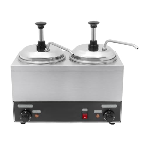 Commercial Electric Cheese Warmer Dispenser 2x2L Stainless Steel Countertop Double Heads Cheese Dispenser with Pump Chili Hot Fudge Caramel Butter Sauce Warmer