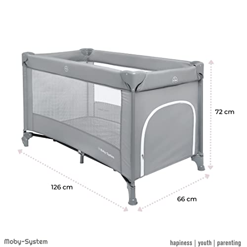 Moby-System Baby Reisebett 128x68 cm – faltbares Kinderreisebett mit Matratze & Tragetasche – Laufstall mit Seitenausgang – für Babys bis 15 kg - Grau
