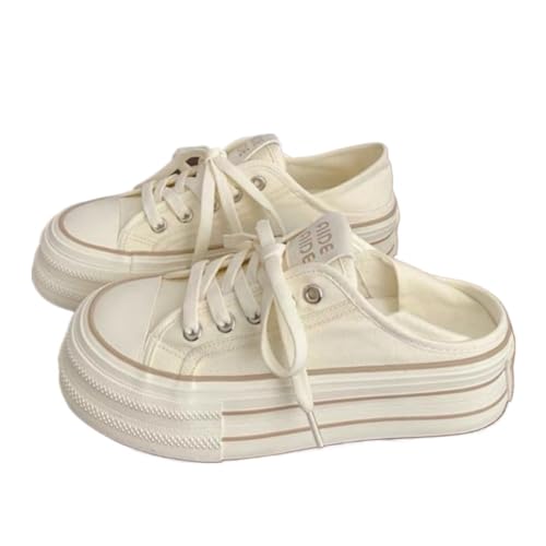 Backless Tennis Shoes for Women Coquette Mule Sneakers Slip on Backless Sneakers Platform Canvas Mules Non Slip Chunky Sole Lace Up Breathable Mesh Round Toe Lightweight Casual Slides Office Business