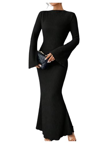 Image of GORGLITTER Women's Bell Long Sleeve Cocktail Maxi Dress Crew Neck Bodycon Fishtail Casual Long Dresses