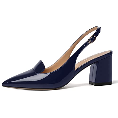 ROSERWISH Womens Patent Dress Pointed Toe Fashion Buckle Slingback Casual Chunky Mid Heel Pumps Dress Shoes 2.5 Inch2