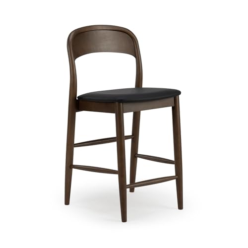 Image of Plank+Beam Loar Upholstered Counter Stool, Solid Rubberwood, Mid-Century Modern Kitchen Bar Chair, Curved Back, Low-VOC Finish, Counter Height Seating, Walnut /Black