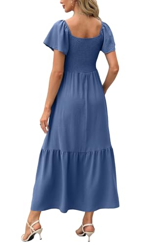 Image of OFEEFAN Summer Dresses for Women Square Neck Ruffle Sleeve Smocked Maxi Dress with Pockets