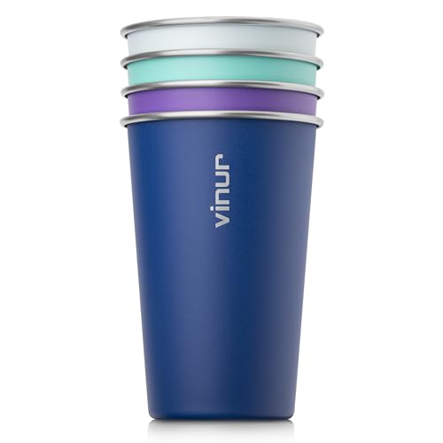 VINUR 4 Pack Stainless Steel Cups 16 oz Pint Tumbler Stackable Metal Drinking Glasses for Travel,...