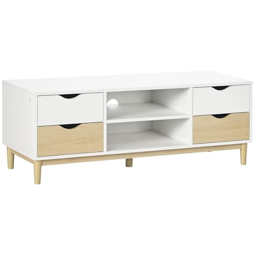 HOMCOM Mueble TV de Salón Mesa para TV para Televisores de hasta 55' con Estantes de Almacenamiento y 4 Cajones para Dormitorio 120x40x44,5 cm Blanco y Roble