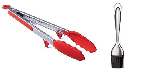 Image of Baskety Tongs Non-Stick Stainless Steel Silicone Kitchen Food Cooking Tongs with Silicone Heat Resistant Pastry Brushes (12 Inch Red with Brush)