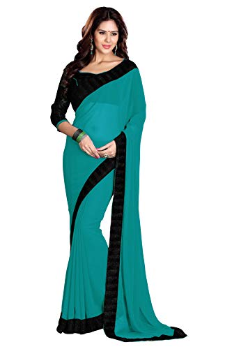 SOURBH Damen Faux Georgette Solid Kontrast Spitze Bordüre Sari mit Bluse Saree, Türkisblau, Einheitsgr��e Cover