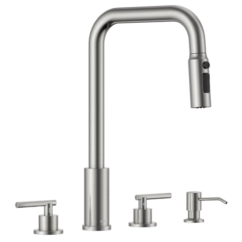 Image of APPASO 4 Hole Widespread Kitchen Faucet with Separate Handle Brushed Nickel | 2 Handle Kitchen Sink Faucet with Pull Down Sprayer and Soap Dispenser, Square Spout Stainless Steel for 3 & 4 Holes Sink