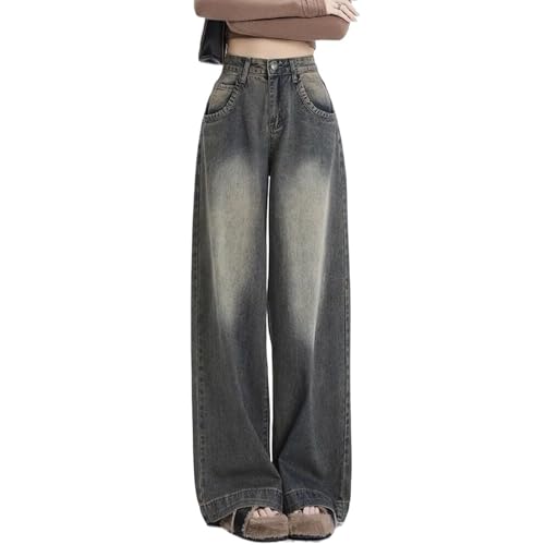 American Style Vintage Washed Wide Leg Jeans for Women Korean High Waist Loose Straight Casual Pants