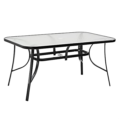 Panana Garden Dining Table with Tempered Glass Top Parasol Hole Metal Frame Coffee Table Furniture...