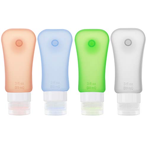 MoKo Botella de Viaje - Anti-Fugas & Rellenable/Compresible Silicona Travel Bottles Set para Champú, Bálsamo, Crema de Baño, Loción, Libre de BPA, FDA Aprobado, [ 4 Pzs - 89ml - 3.1oz ]
