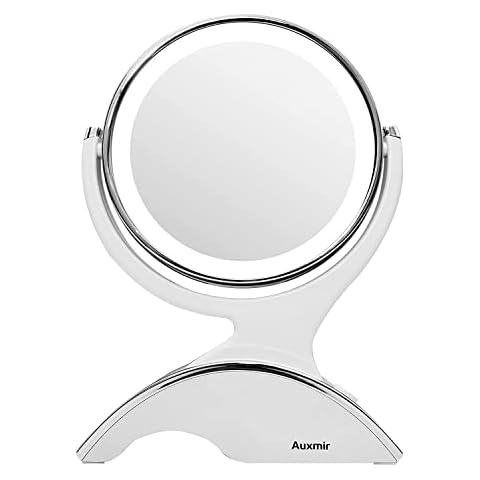 Auxmir Makeup Mirror with Light, Double-sided 1X/10X Magnifying Mirror, Rechargeable LED Mirror on Stand with Light Adjustable for Make up, Shaving, Dressing Table, Vanity Desk, White Cover