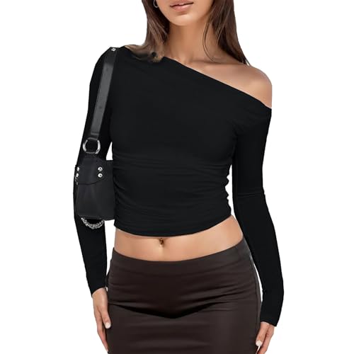 Lista de Blusa - 5 favoritos. 42 AOVMY Blusa Corta Casual de Manga Larga para Mujer, con Cuello Náutico y Hombros Descubiertos, Corte Entallado, para Salir (M, Negro)