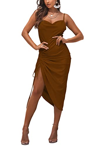 Image of LYANER Women's Satin Spaghetti Straps Cowl Neck Sexy Ruch Cocktail Midi Dresses