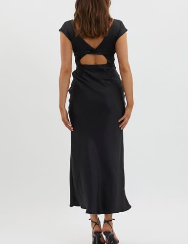 Image of Halfisland Womens Summer Satin V Neck Cap Sleeve Midi Dress Wedding Guest | 2026 Summer,Backless,Hollow Out,Long,Formal,Cocktail,Twist,Bridesmaid,Party,Baby Shower,Short Sleeve,Beach,Elegant,Evening