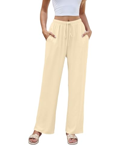 NILOUFO Women Summer Casual High Waist Wide Leg Pants Fashion Lightweight Flowy Boho Beach Trousers with Pockets(Beige, Large)