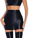 AUBIG Oil Glossy Mini Skirt for Women Sexy Shiny Bodycon Tight Pencil Dress Clubwear Party Hot Skirt Black Medium