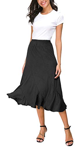 EXCHIC Women’s Elegant Ankle Length Ruffle Hem Elastic Waist Midi Maxi Skirt (M, Black)