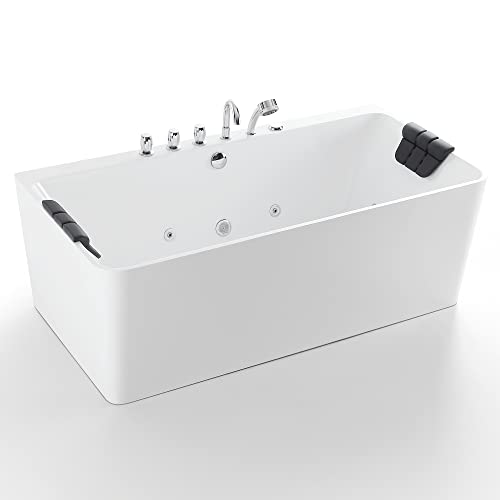 Whirlpool Bathtub 67 In. Acrylic Freestanding Bath Tub Hydromassage Gracefully Rectangle Shaped 8 Water Jets Soaking Spa, Double-Ended Massage Bathtubs With Black Pillows , White #TOP5