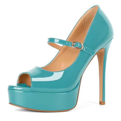Image of SAMMITOP Women's Peep Toe High Heels Platform Stiletto Pumps Patent Mary Jane Heels 5.5 inch Party Wedding Dress Shoes