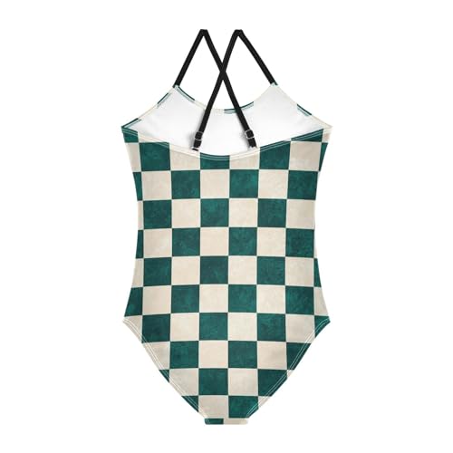 Image of Black and White Chess Girls One Piece Swimsuits Board Marble Tile Sport Halter Swimwear Beach Bathing Suit 3T