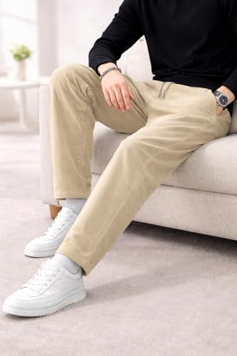 Image of Men's Comfortable Corduroy Pants | Relaxed Fit Stretch Waist Trousers for Everyday Wear Cream